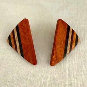 Vintage Handcrafted Geometric Wooden Earrings With Stripes Lightweight